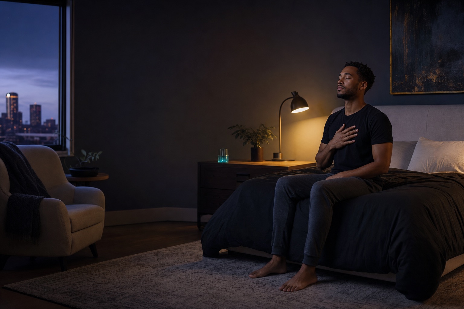 Man using a calm grounding breath after waking before dawn