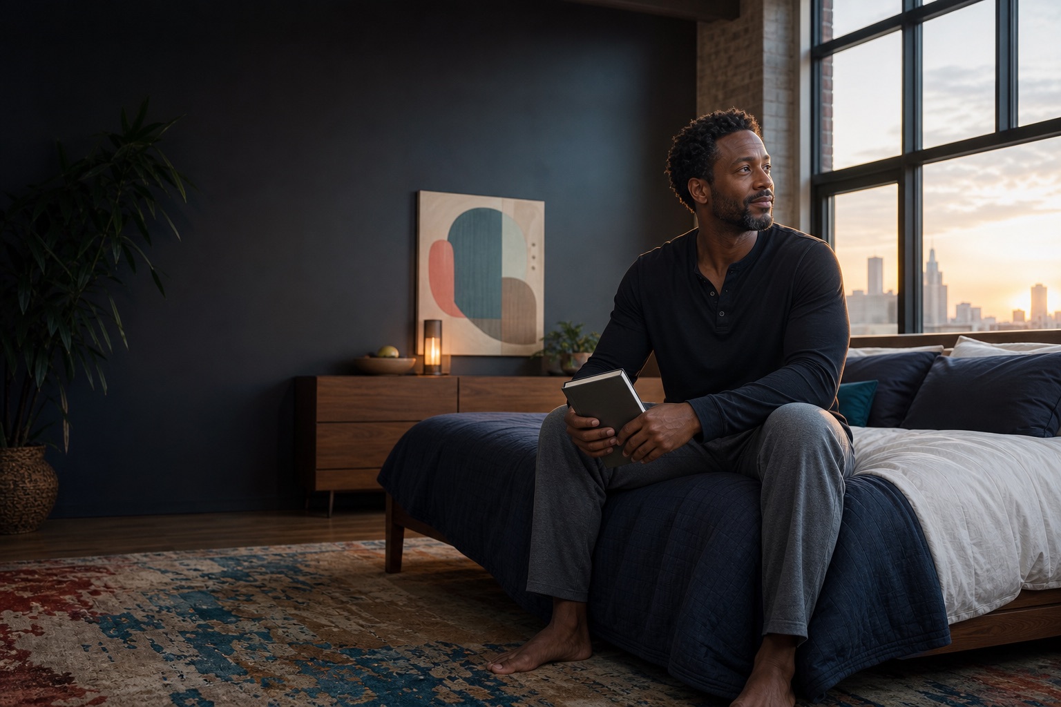 Black man with a sleep journal in a calm Detroit bedroom at sunrise